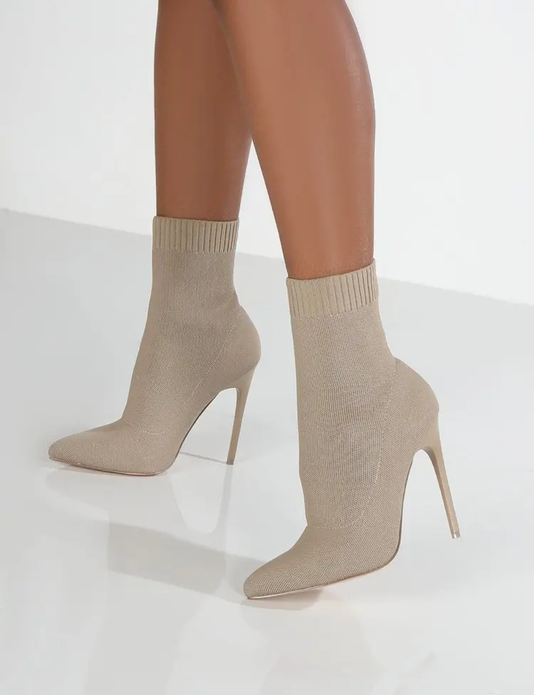 

Осень 2021, роскошные женские бежевые ботинки-носки, экзотические танцевальные ботинки на высоком каблуке-шпильке, зимние модные ботинки из с...