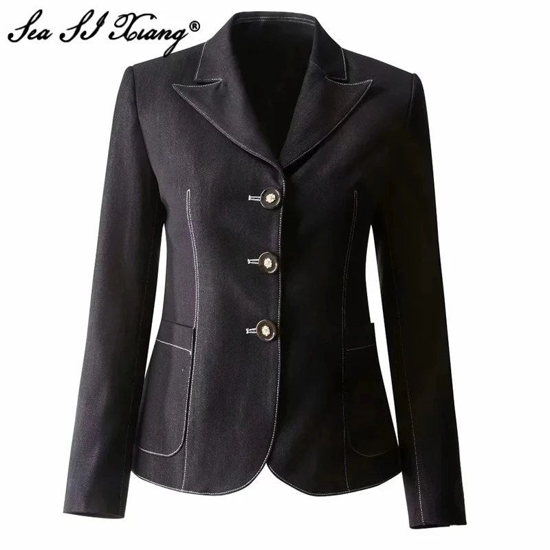 

Seasixiang Fashion Designer Autumn Jackets Women Turn-down Collar Long Sleeve Single Breasted Office Lady Slim Outerwear