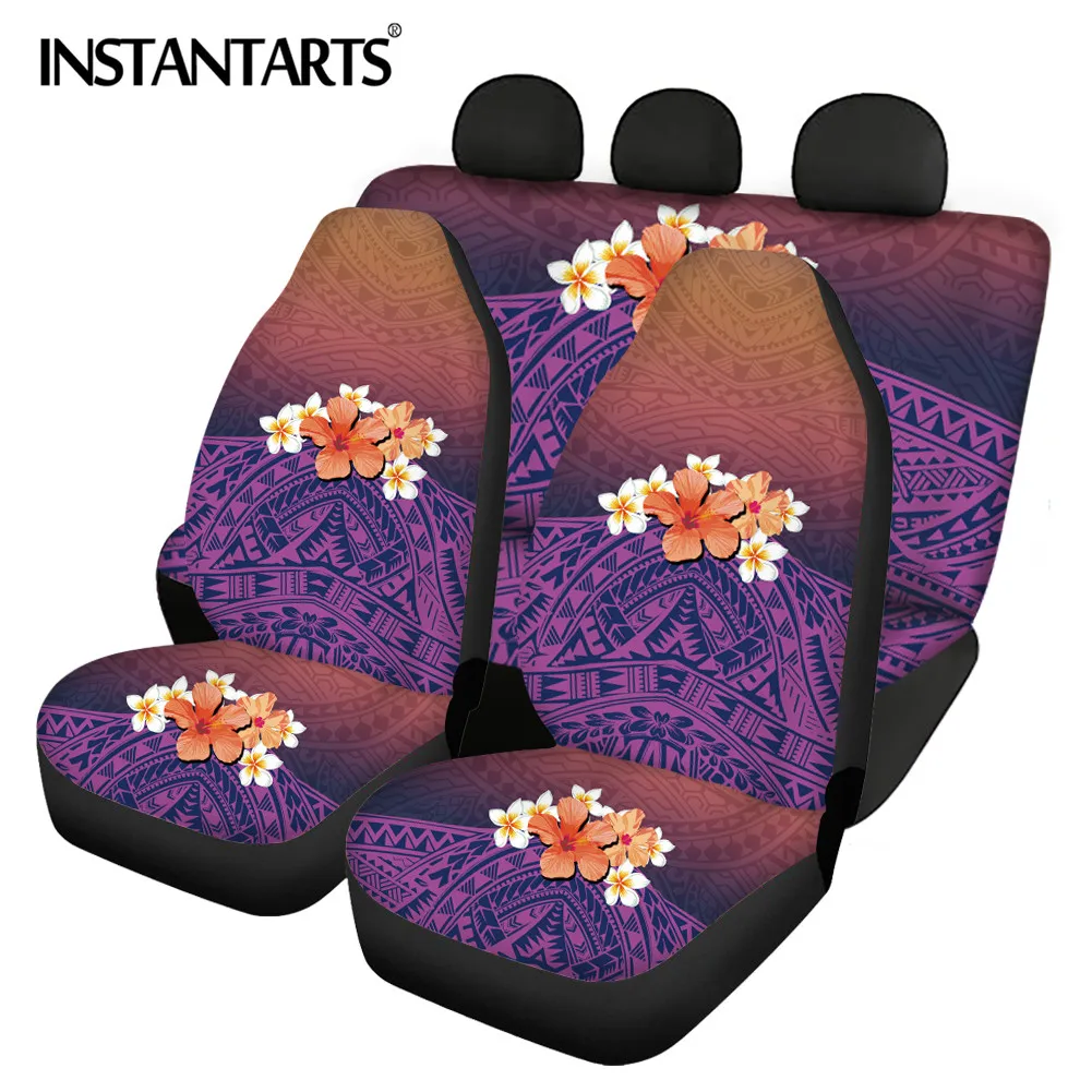 

INSTANTARTS Dark Polynesian Hibiscus Frangipani Pattern Stylish Car Interior Decor Front&Rear Vehicle Seat Covers Seat Covers