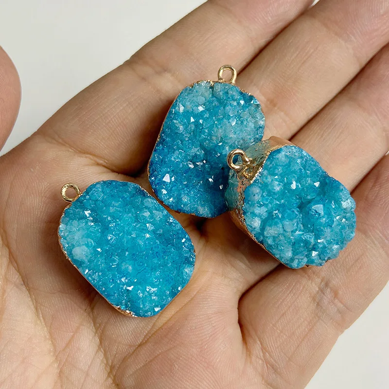 1PC Natural Blue Druzy Stone Pendant Connecter Metal Mineral Specimen Crystal Agates Slice Charm Geode Rough For Jewelry - купить по