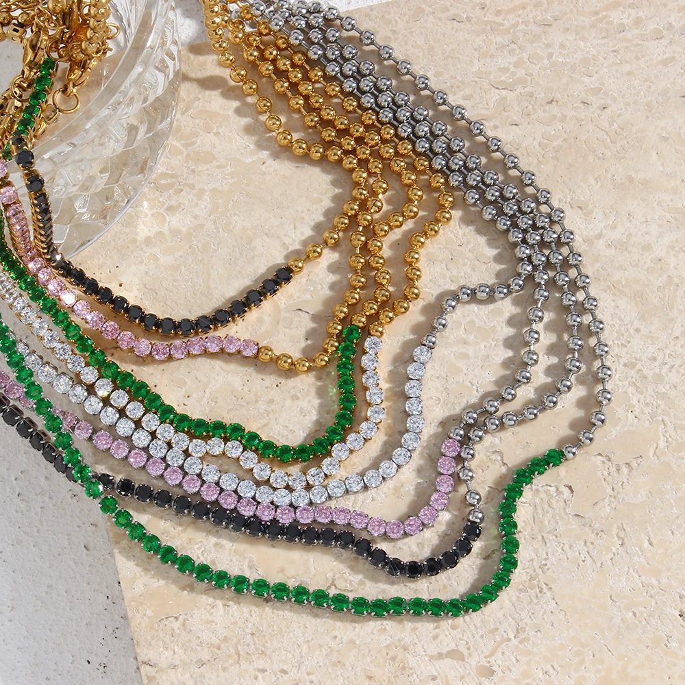 

Stainless Steel PVD Plated Black Pink Green White Zircon Tennis Chain Beads Chain Splice Choker Necklace Bling Jewelry for Women