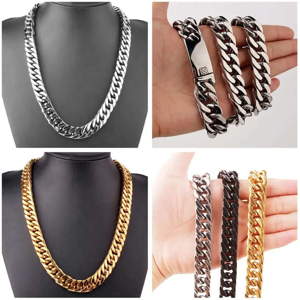 

15mm Cuban Necklace Stainless Steel Miami Cuban Chain Link for Men Women Street Fashion Hip Hop Jewelry Link Rapper Friend Gift