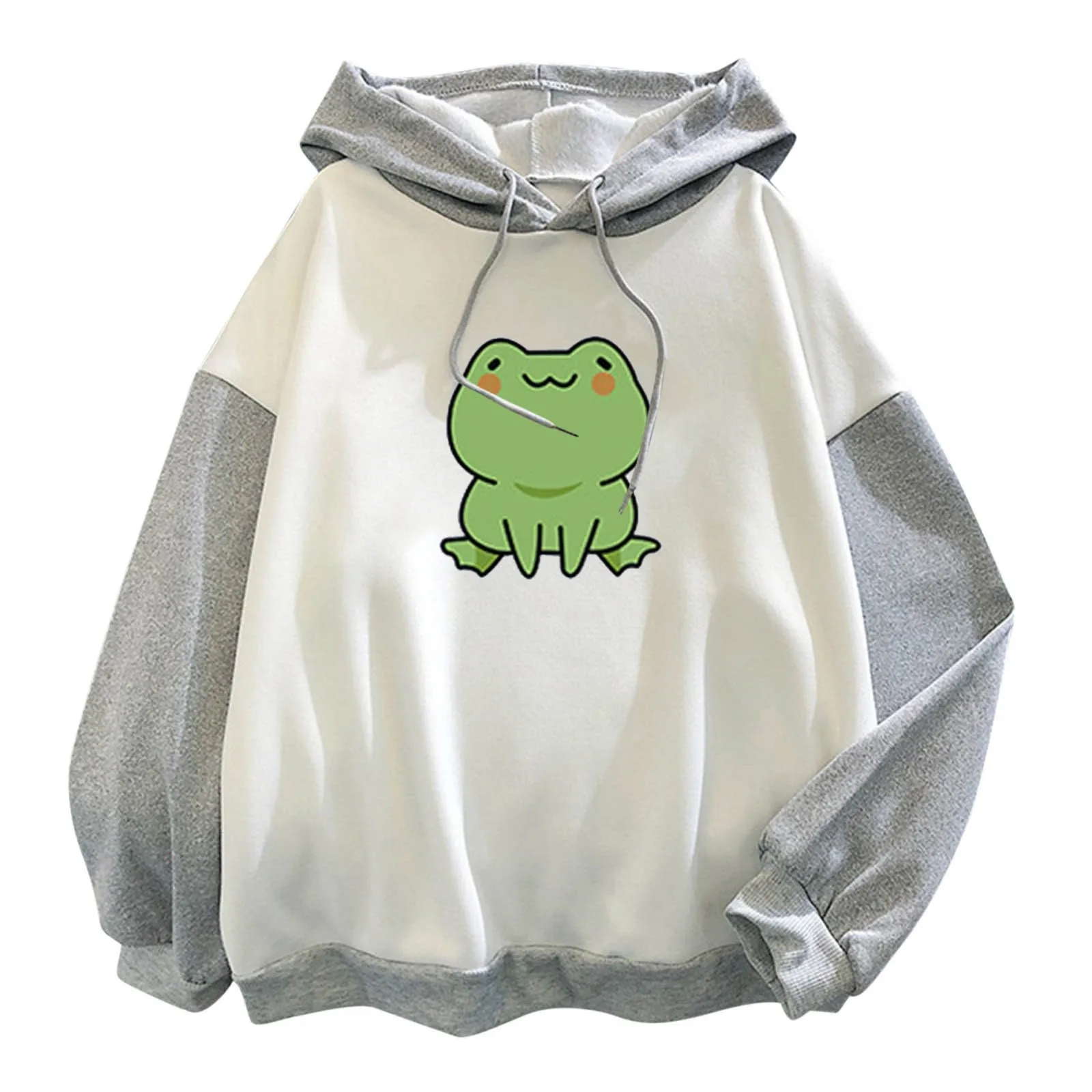 

Women's Creative Stitching Sweatershirts Cute Design Frog Pullover Sweatershirt Round Neck Draw String Long-sleeve Hoodies