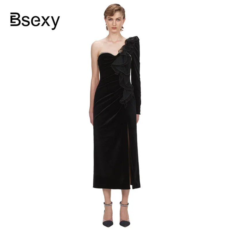 Пикантные женский черный Вельветовое платье 2019 зимние Винтаж один с открытыми
