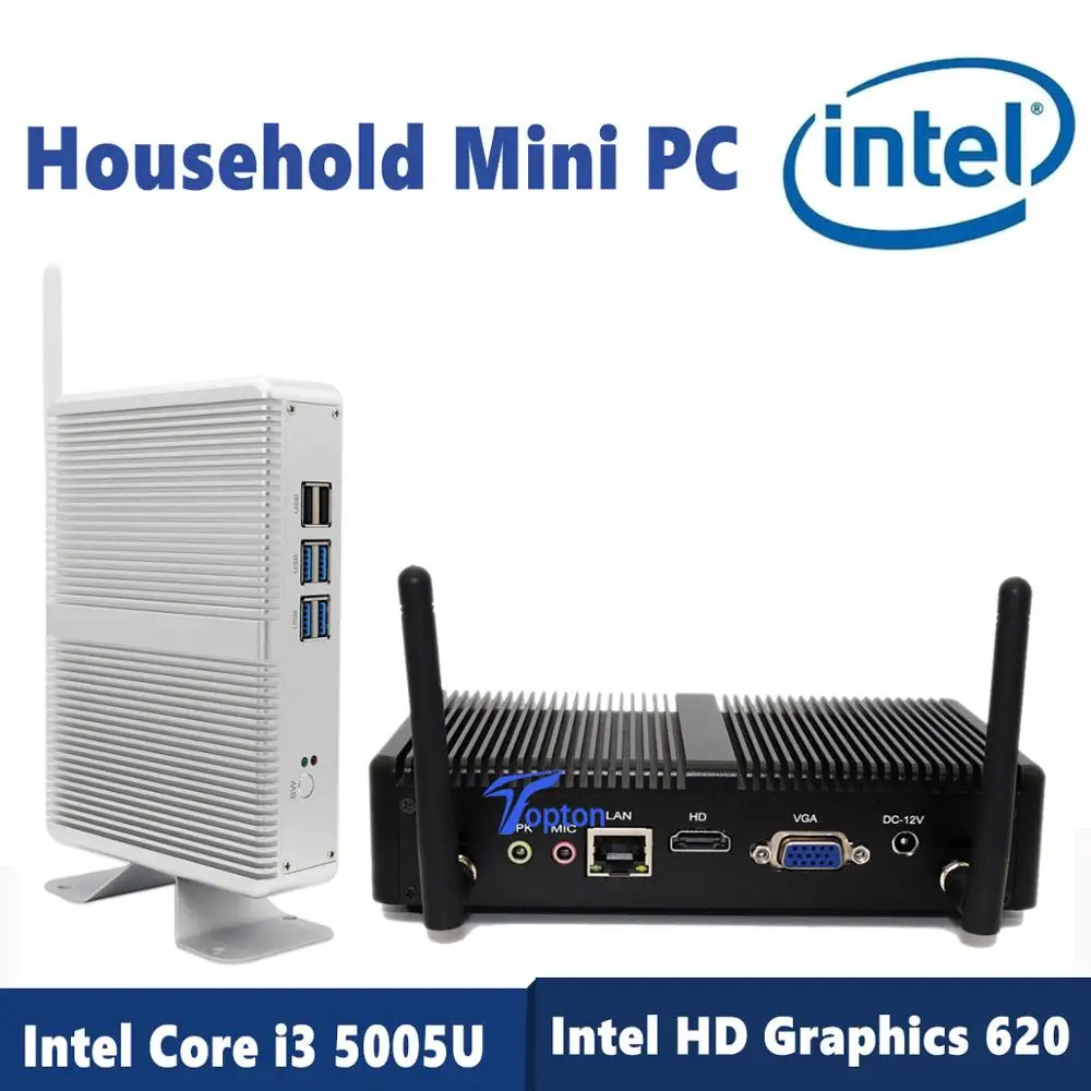 Topton бытовой безвентиляторный мини-ПК Intel Core i3 5005U i5 7200U DDR4 16 Гб HD graphics 620 4K HTPC HDMI VGA дисплей порт низкая мощность