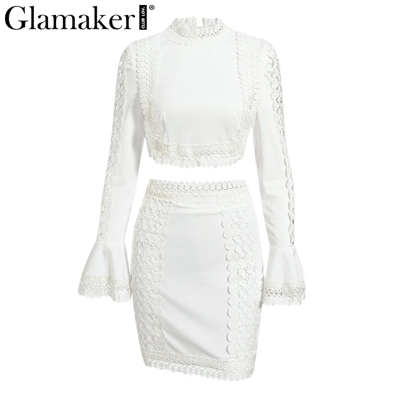 Glamaker, кружевное Белое Облегающее мини-платье, Женский костюм из двух частей, с расклешенными рукавами, зимнее платье, осенние короткие сексуальные вечерние элегантные платья для клуба