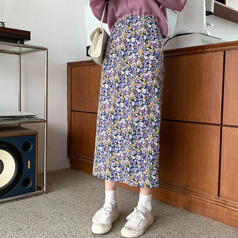 

Spring/Summer 2021 new high-waisted, thin, cross-floral skirt, female temperament, mid-length A-line skirt Medieval dress