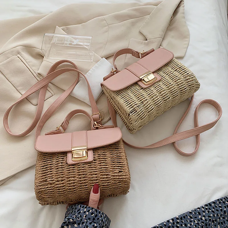

Natural Straw Rattan Hand Woven Handbag With PU Handle Summer Beach Raffia Wicker Plaited Women Shoulder Bag With Metal Lock