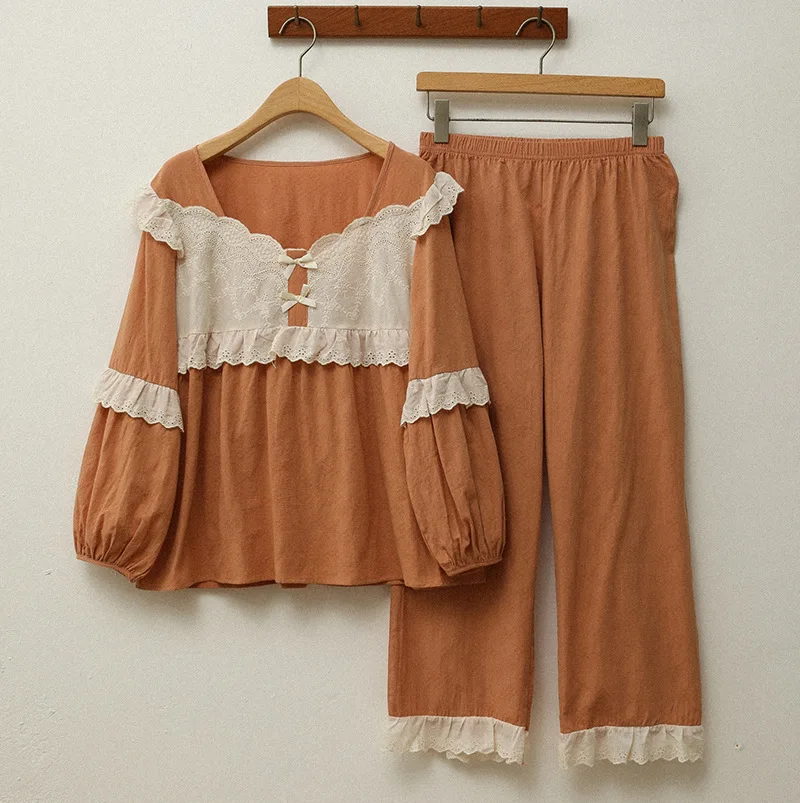 

Fdfklak Korean Autumn Sleep Lounge Pajama Long Sleeved Top And Trousers Cotton Gauze Pyjama Homewear Women Blue/Orange