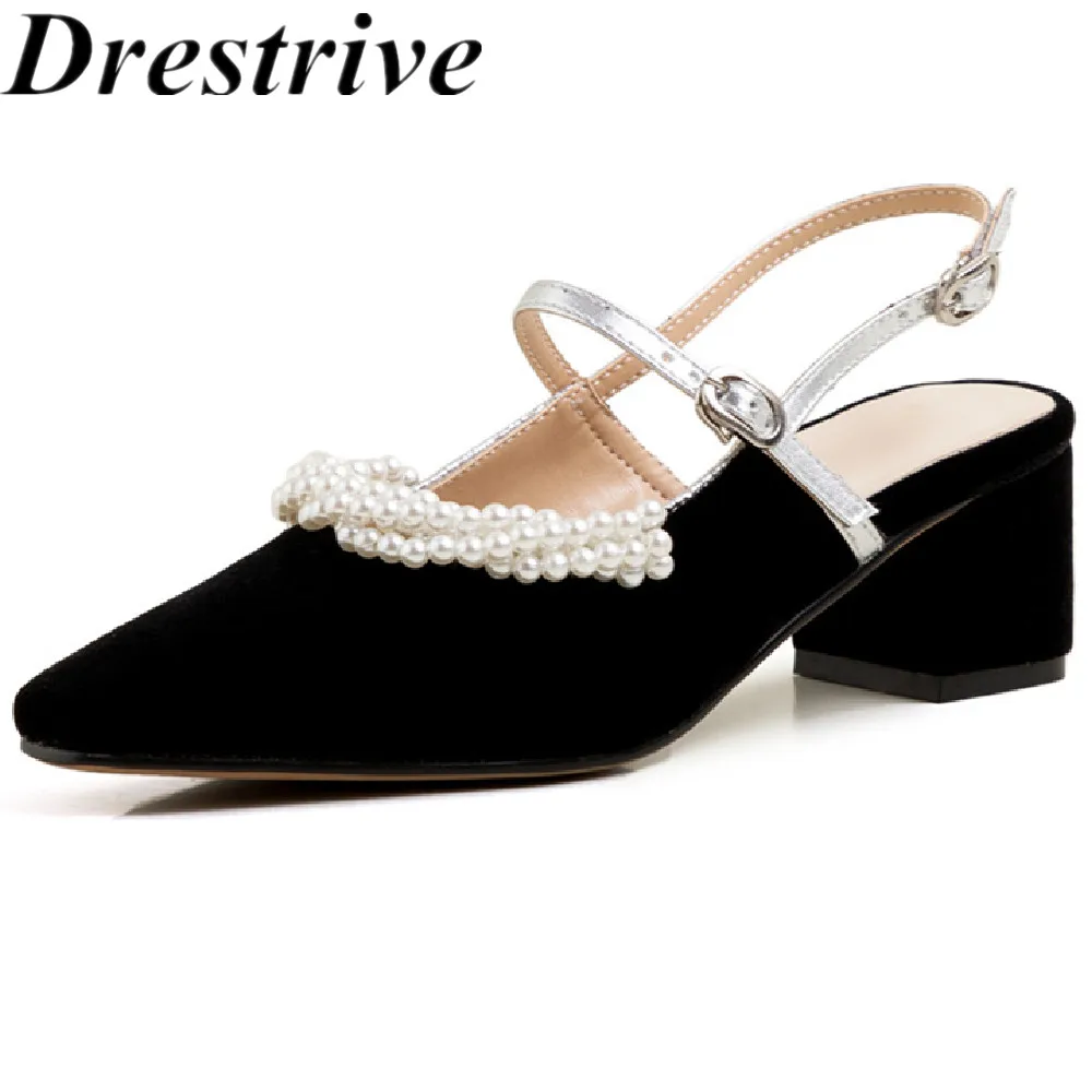 

Drestrive Women's Sandals Velvet Mid Heels 6.5 cm Buckle Square Toe Beaded 2020 Summer Female Fashion Shoes Thick Heel Black