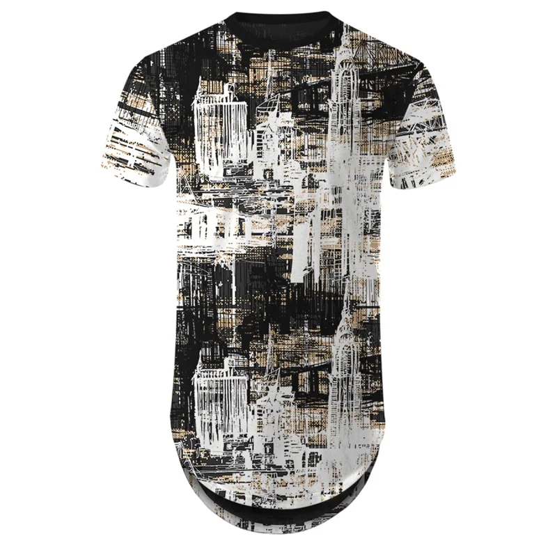 

YOUTHUP 3D T-shirt Men Round Hem Tshirt Color Patterns Design Mens Tops Hip T Shirt Male Streetwear Long Line Shirts For Summer