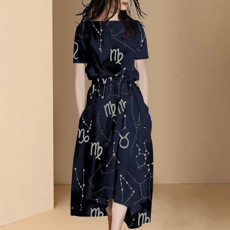 European and American French printed belly covering dress 2021 new summer women's medium and long slim temperament A-line skirt