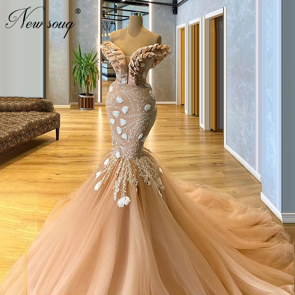 

Champagne Mermaid Formal Party Gowns Evening Dresses 2020 Vestidos Customized Kaftans Turkish Long Flower Prom Celebrity Dress