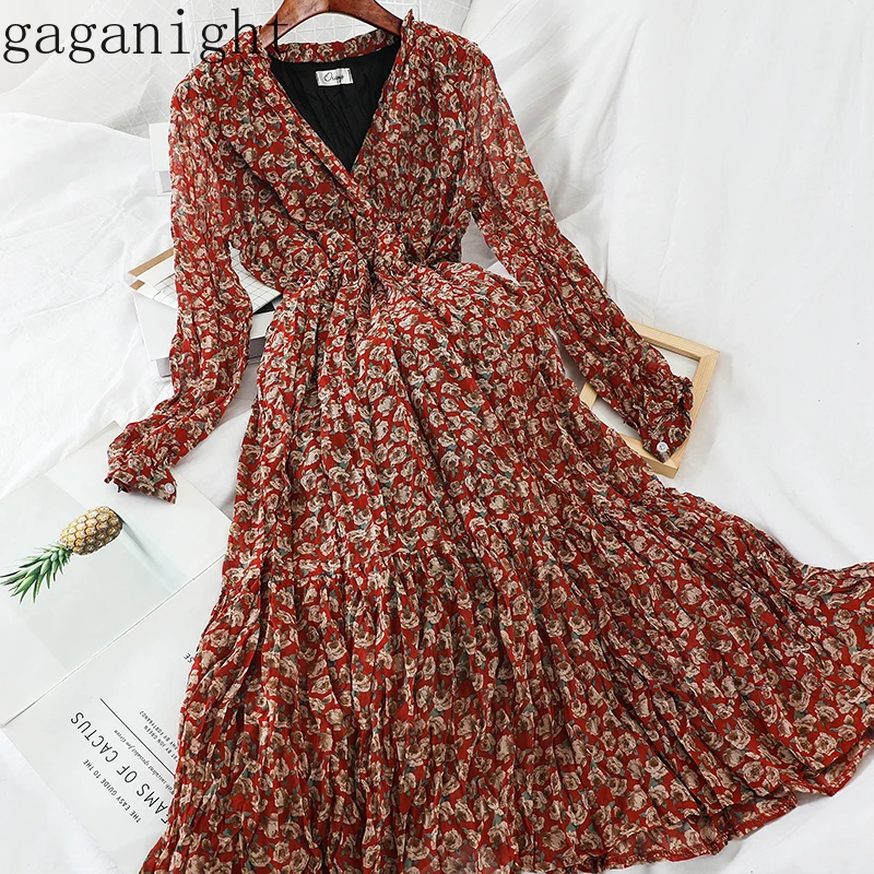 Gaganight элегантное женское Макси цветочное праздничное платье с длинным рукавом V