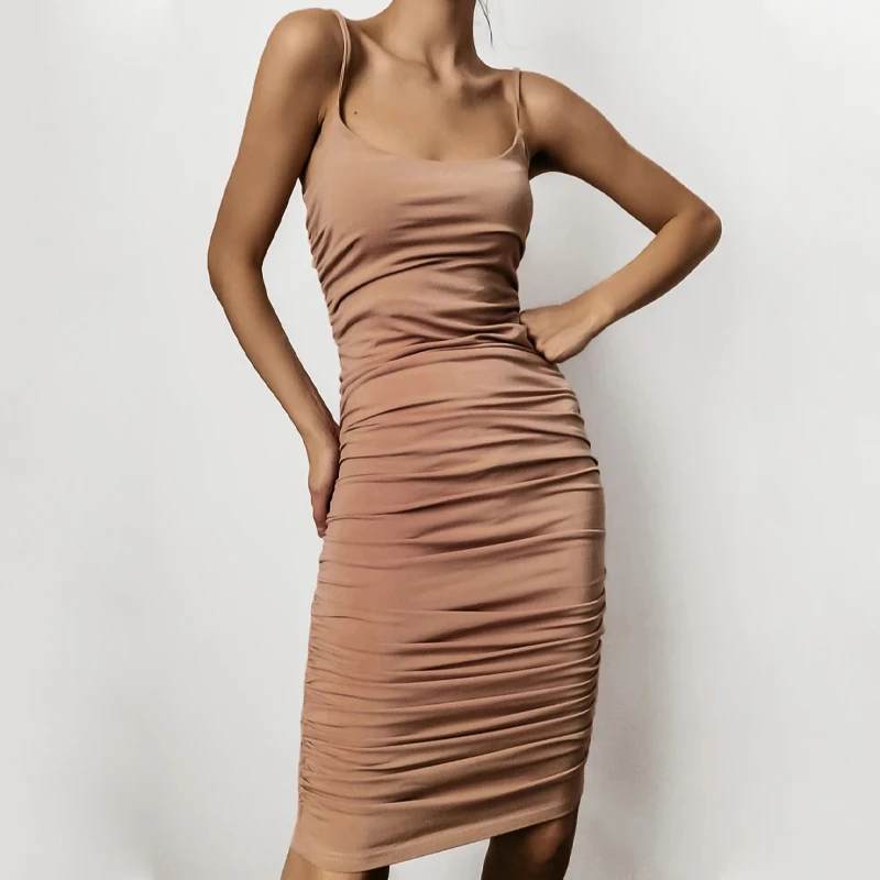 

Women Sexy Spaghetti Strap Sheath Slim Party Dress Sleeveless Square Collar Solid Elegant Casual Dress 2021 Spring Fashion Dress