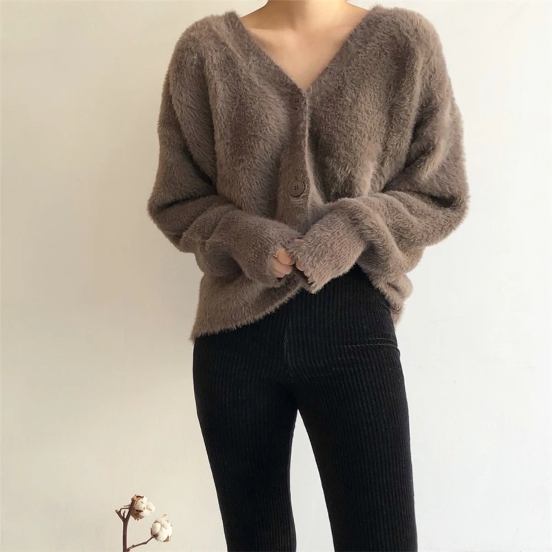 

Temperament Elegant Fluffy Mink Cashmere Sweater Women Fashion V Neck Single Breasted Long Sleeve Thick Winter Cardigan Pull