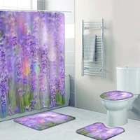 purple lavender white dandelion golden peony flower print bathroom shower curtain polyester waterproof home floor velvet mat
