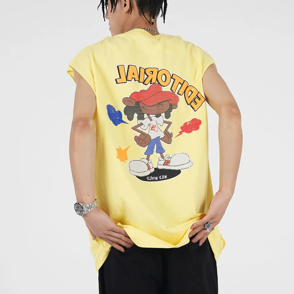 

Men's Tank Tops 2021 Summer Sleeveless Cartoon Printed Tee Hip Hop Oversized Cotton Casual Harajuku Streetwear Basic Top Tshirt