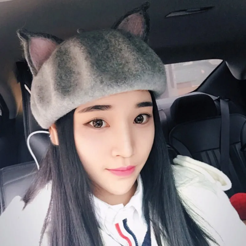 Women Cats Ear Wool Felt Beret Cap Cute Warm Painter Hat Christmas Winter IK88 | Аксессуары для одежды