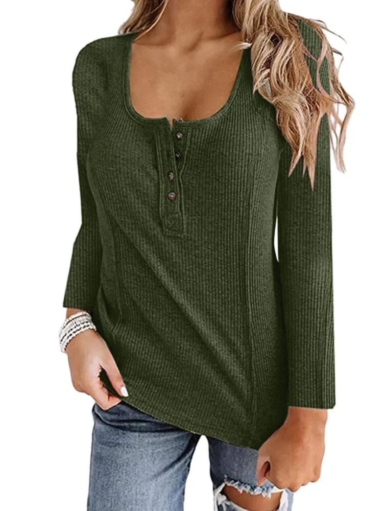 

2021 Autumn and Winter The New Solid Color Casual Buttons Long Sleeve T-shirt Women's Clothing
