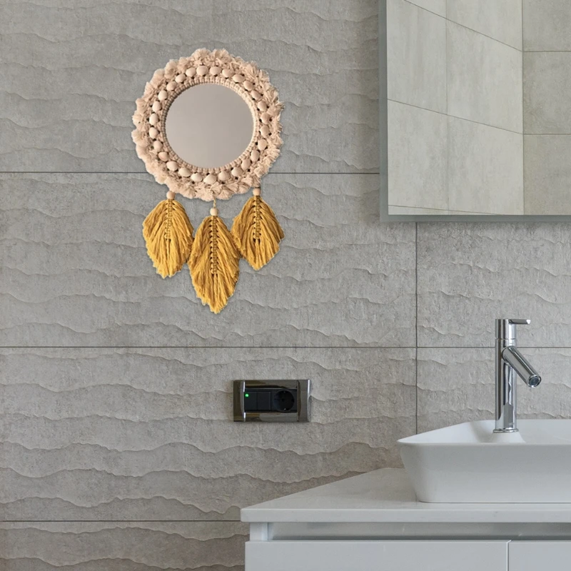 

Nordic Woven Tassel Hanging Wall Mirror Ethnic Boho Cotton Rope Feather Leaves Pendant Macrame Mirror Home Decoration