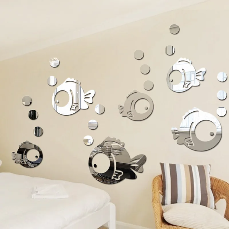 Объемные акриловые зеркальные наклейки в виде рыбки пузыря для ванной комнаты