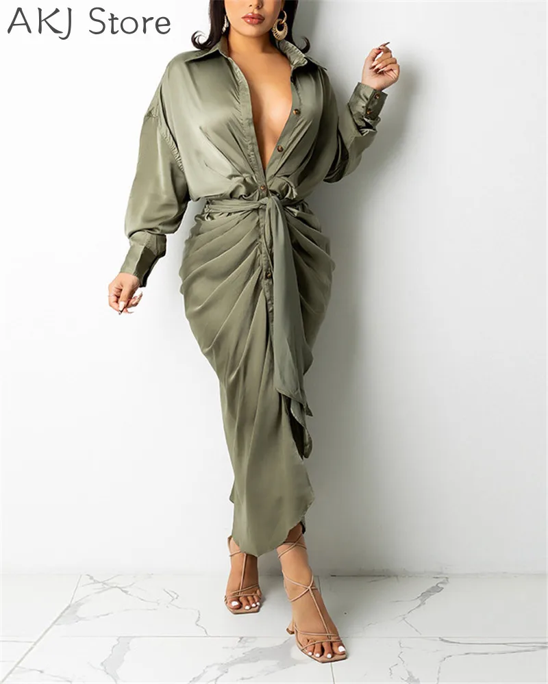 

Women Solid Color Ruched Tied Waist Single Breasted Long Sleeve Midi Dress