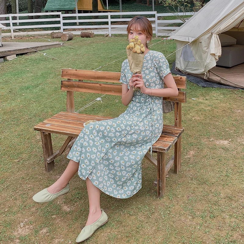 

New Women's Summer Floral Print Dress Short Puff Sleeves Long French Fairy Skirt Restoring Ancient Ways Empire Vestido