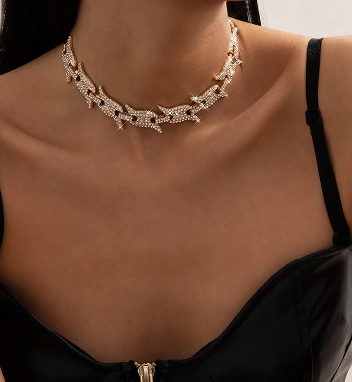 

Simple retro personality jewelry with single layer tassel temperament full of rhinestones Cuban chain necklace for female