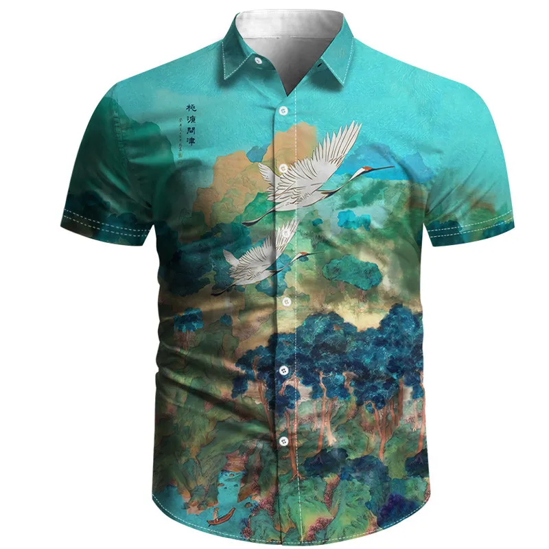 

New landscape flying crane print men's 3D shirt fine dyed cloth shirt leisure beach Harajuku hip hop shirt 3D Print Shirt