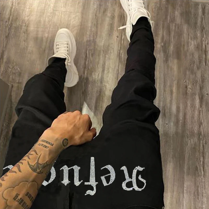 2021 Men Black Trousers Hole Pencil Pants Stretchy Ripped Skinny Biker Hot Drill High Quality Street Punk Washed Destroyed Jeans