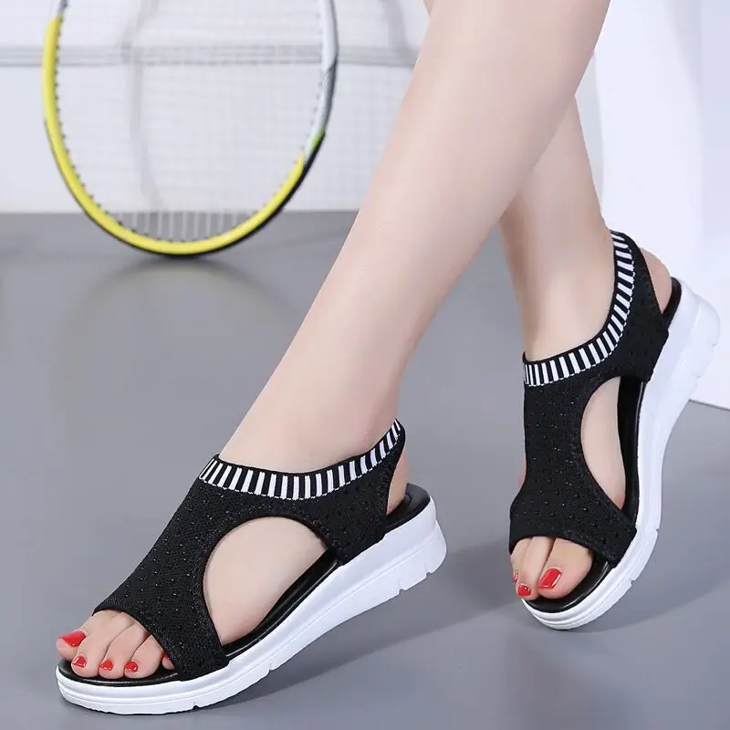 

2021 New Women Sandals Woman Summer Wedge Comfortable Sandals Ladie Go Out Walk for Leisure Knitting Slip Flat Women Sandalias