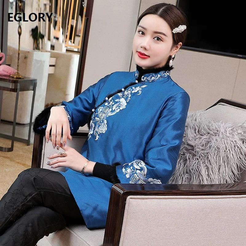 

Женская куртка с цветочной вышивкой, синяя или розовая парка с цветочной вышивкой из люрекса и кроличьего меха, в стиле пэчворк, Осень-зима ...