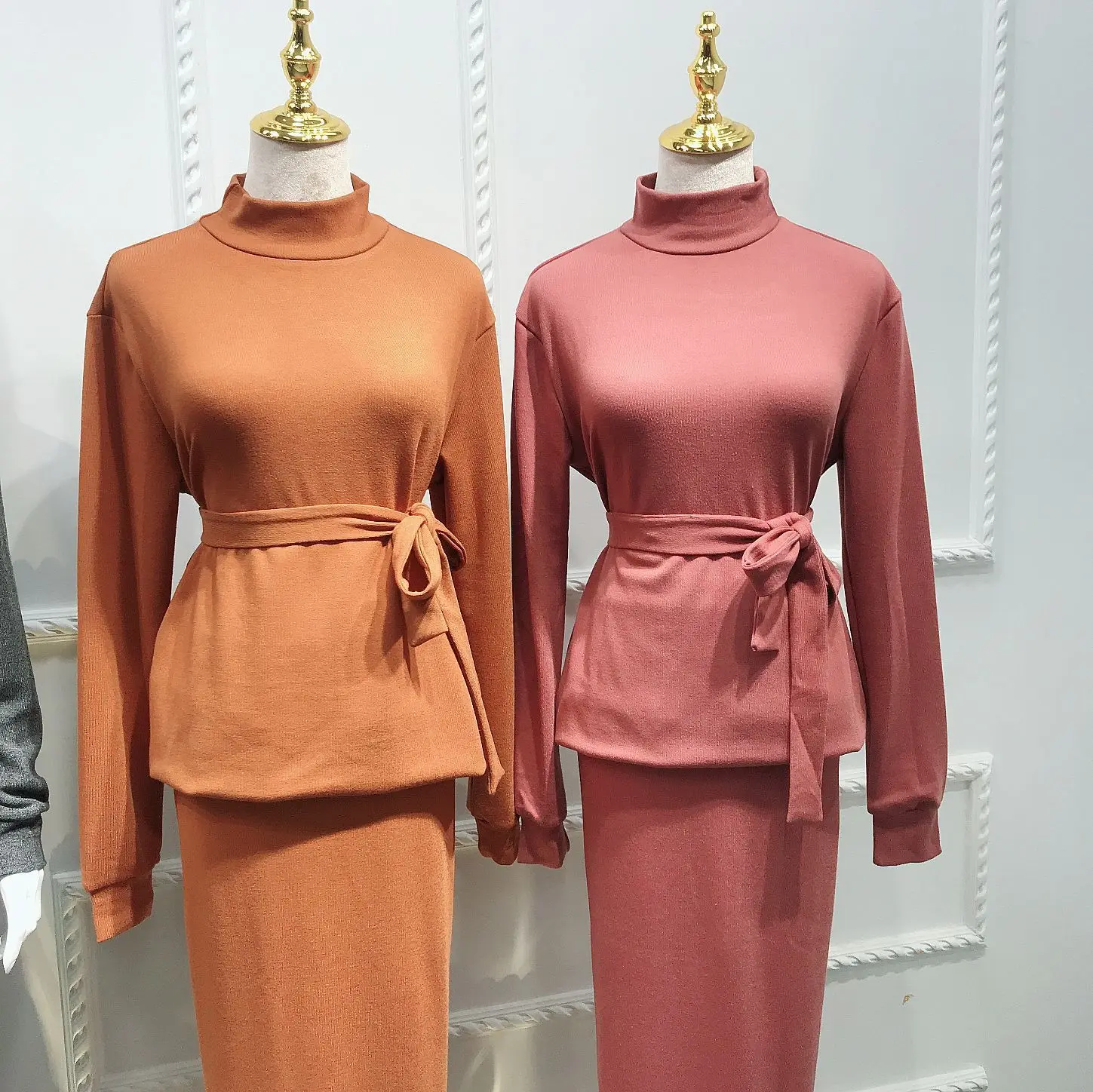 Трикотажный комплект из двух предметов для женщин abaya Дубай мусульманский топ с высокой талией макси юбка костюм Исламская одежда Conjunto Feminino Ensemble Femme