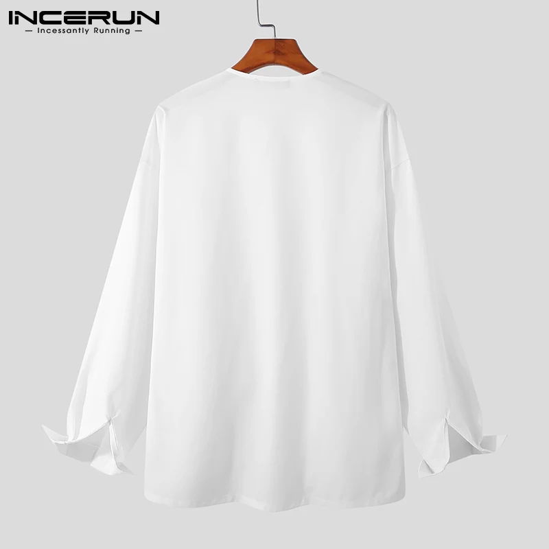 INCERUN Fashion Men Shirt V Neck Long Sleeve Streetwear Solid Color Korean Casual Irregular Shirts 2022 Button Loose Camisas