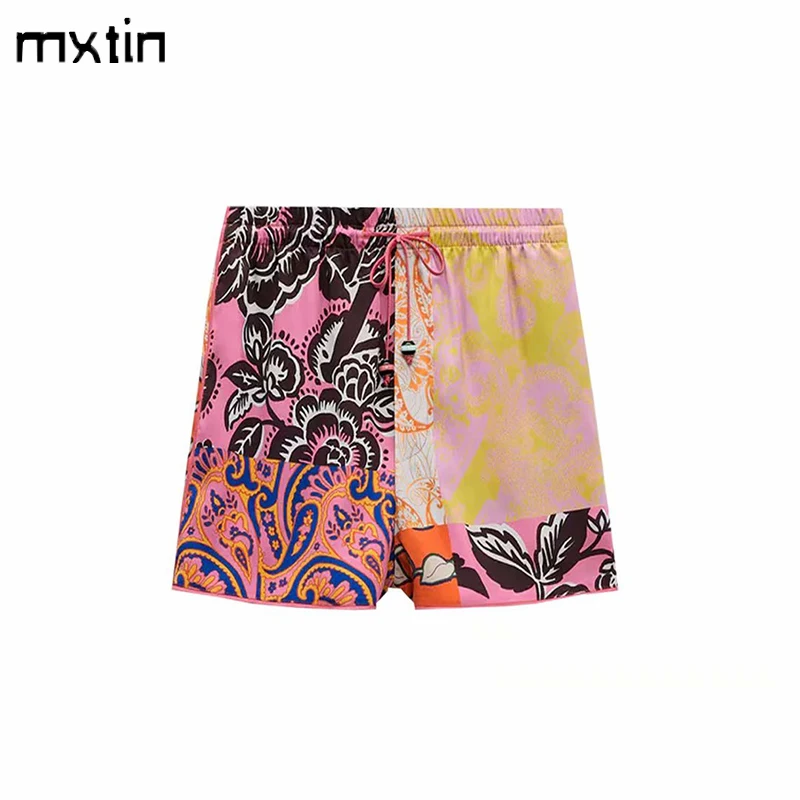 

MXTIN 2021 Women Summer Vintage Print Sweatpants Shorts Fashion Elastic Waist Fly Side Pockets Female Casual Streetwear Short