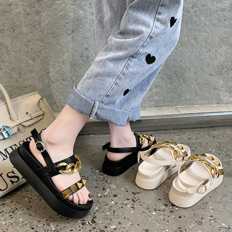 

2021 Sandals Ladies Shoes Summer Suit Female Beige Women's Heels Open Toe New Outside Flat Black Low Girls Fashion Gold Spring