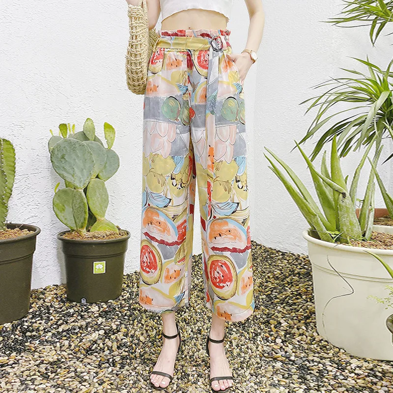 Брюки женские шифоновые с широкими штанинами и высокой талией повседневные