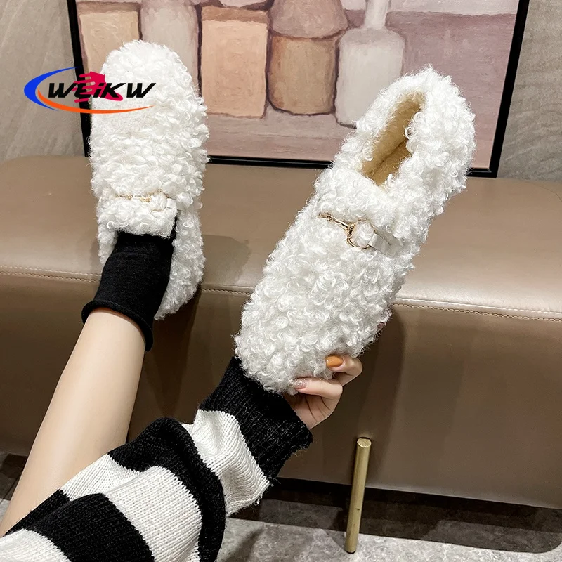 

2021 New Fashion Faux Wool Roll Women Snow Boots Flats Metal Decoration Comfort Winter Shoes Ladies Ankle Boots Womans Shoes