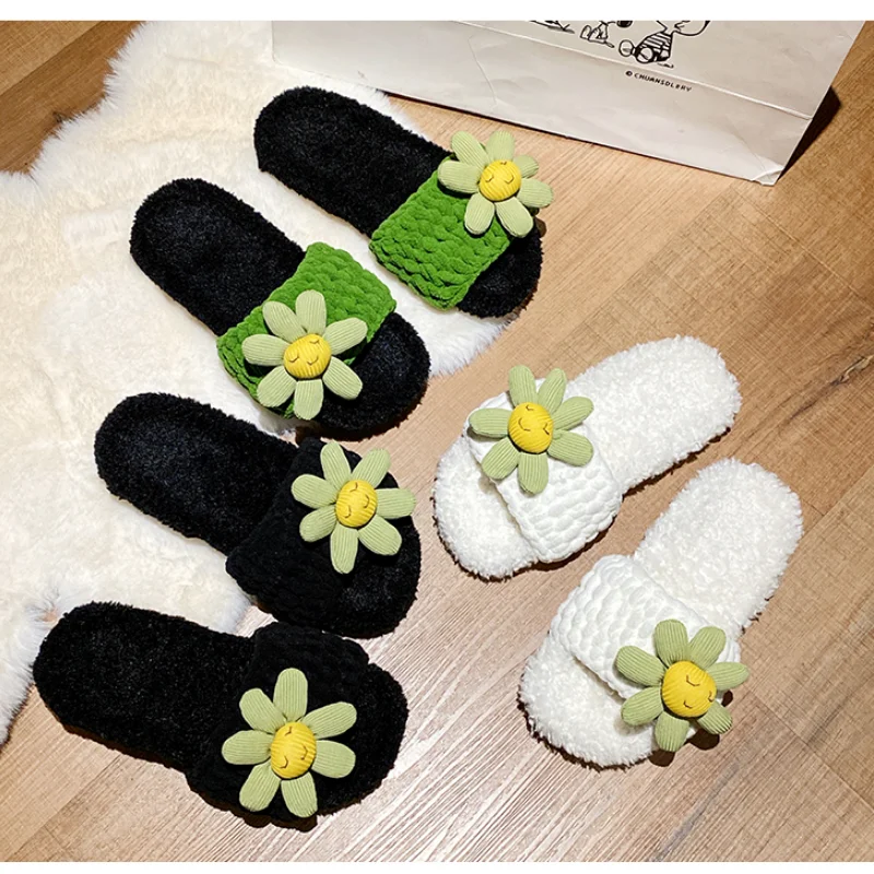 

Flower Women Slippers Winter Bedroom Warm Fuzzy Fluffy Flat Shoes Home Slippers Baotou Lazy Thick Fur Slides Shoes for Women