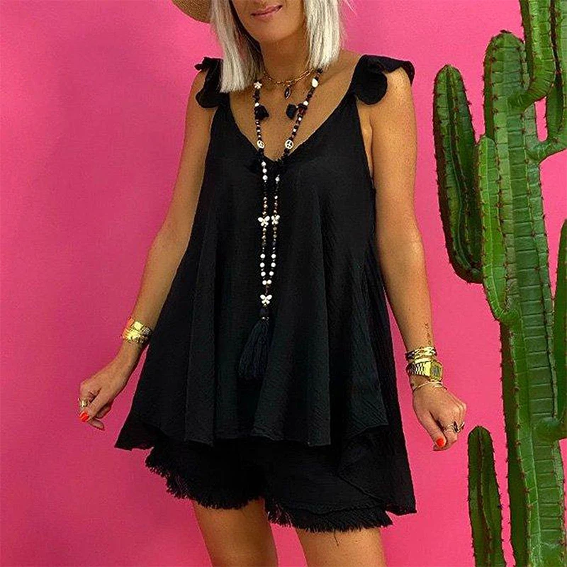 

Women Plus Size Casual Two Piece Set Fashion Solid Sling Sleeveless Tops And Shorts Suits Summer Fashion Cotton Linen Lady Sets