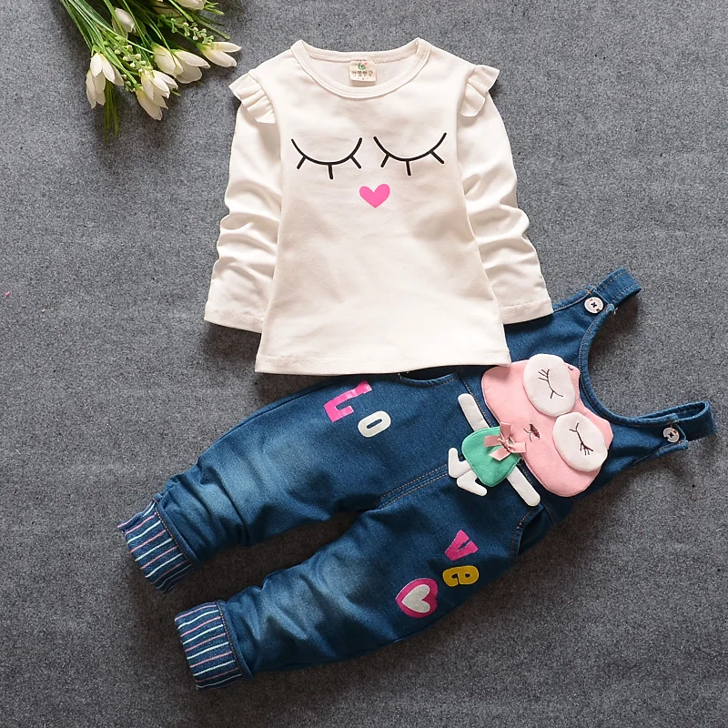 

2021 Newborn Baby Girls Clothes Spring Autumn Cotton Long T-Shirt Tops + Denim Overalls Pants Kids Girl Bebes Jogging 2PCS/Sets