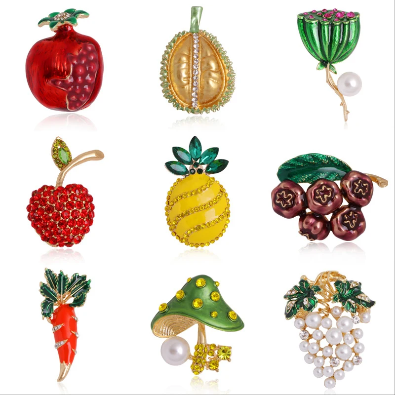 

Trendy Fruit Grape Mushroom Carrot Red Cherry Brooches Pearl Rhinestone Enamel Pin Women Men Weddings Office Causal Pins Gifts