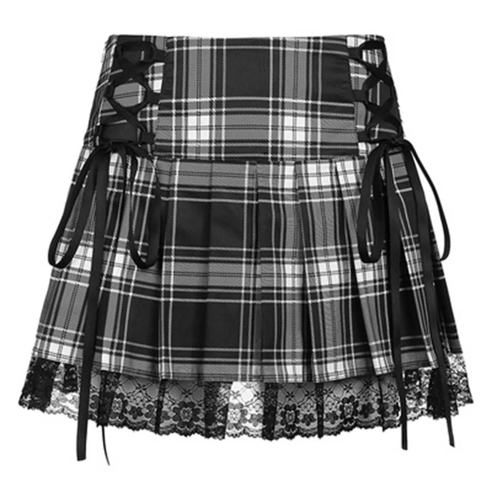 

Tie Up Harajuku Gothic Checkered Mini Skirt Ladies Y2K Fashion Aesthetic Punk Plaid Pleated High Waisted Short Skirt