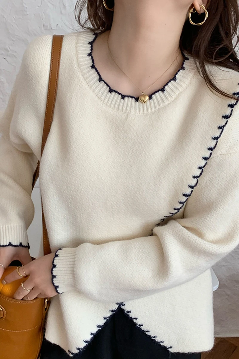 

woman sweaters 2020 autumn winter korean clothes elegant sweet round neck pullover casual loose slit long sleeve knitted sweater