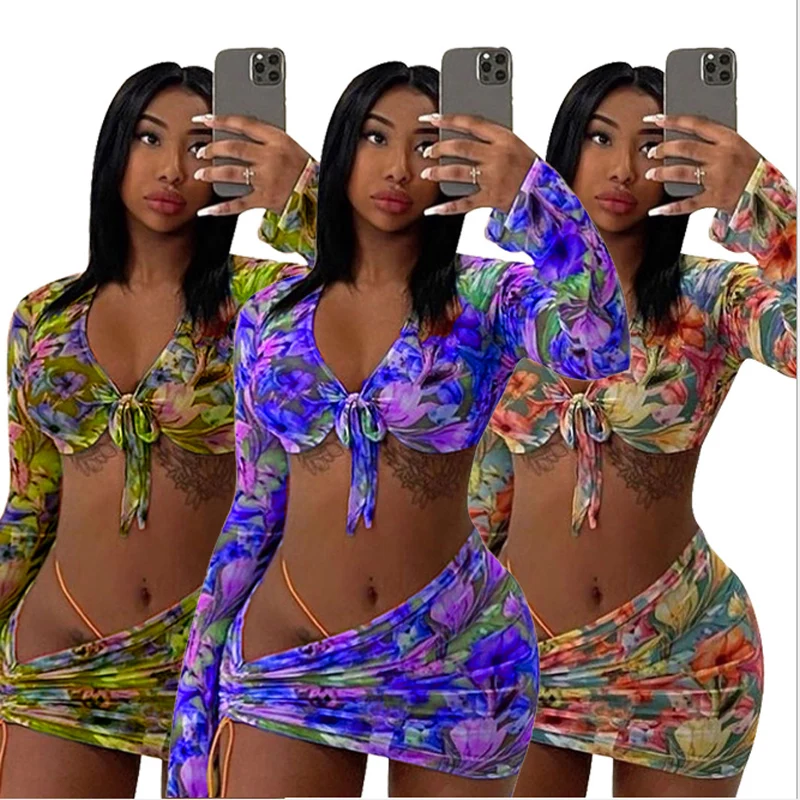 

2021 New printed floral 3PCS/SET Beach cover-ups sexy women long sleeve top+ mini Drawstring cover up set
