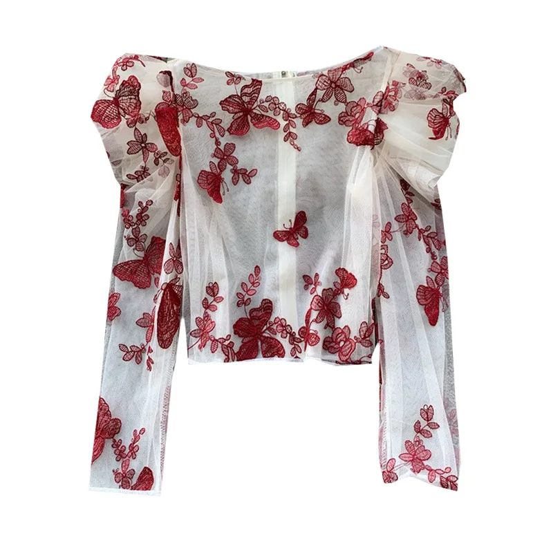 Блузка женская сетчатая с круглым вырезом рукавами-фонариками и вышивкой |