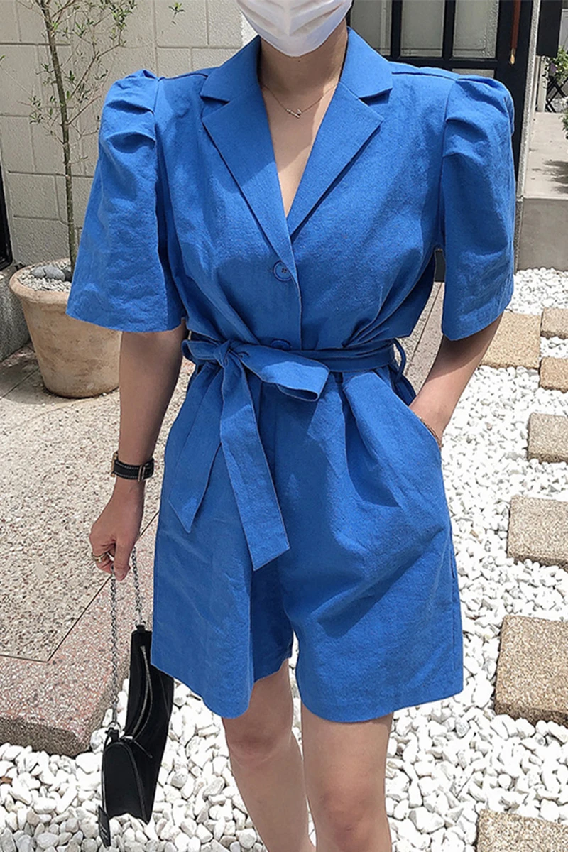 

ZCSMLL Korea chic summer simple lapel Playsuits two buckle strap waist double pocket straight casual pants jumpsuit women