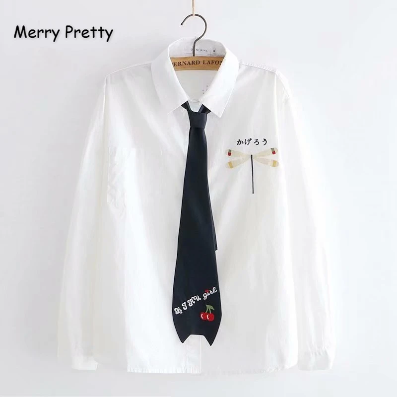 

Женская хлопковая блузка с длинным рукавом Merry Pretty, белая рубашка с воротником «Питер Пэн» и вышивкой с мультяшным принтом, топы и блузки для...