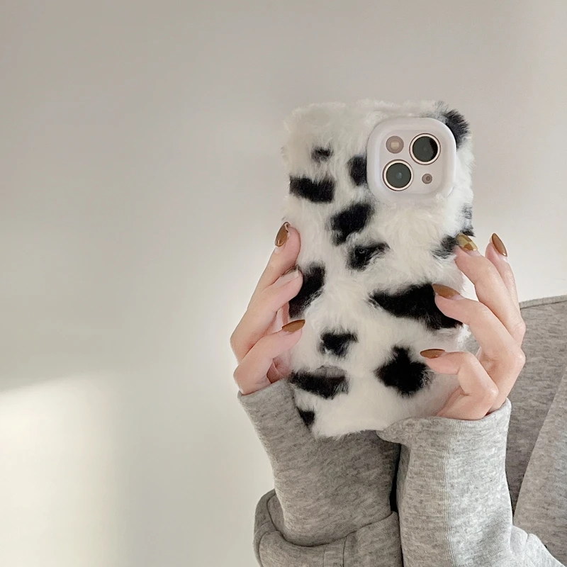 

Cute Cow Milk Pattern Soft Furry Phone Case For iPhone 13 12 11 Pro Max Case Winter Warm Plush Cover For 7 8 Plus X Xs Max Xr